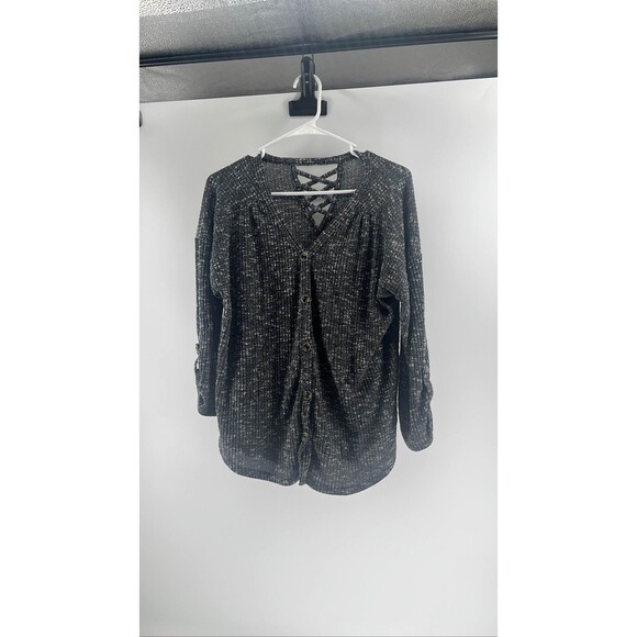 Juniors Gray Ribbed Button Front Long Sleeve Top Lace Up Back XL - Picture 1 of 5